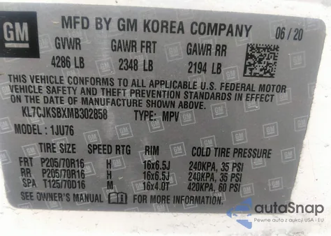 2021 Chevrolet Trax Fwd Ls z USA, uszkodzony, nr VIN KL7CJKSBXMB302858